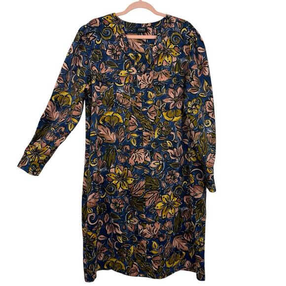 Jones NY Silky Shirt Dress Size XL Multicolor Floral V Neck Long Sleeves - Picture 1 of 14